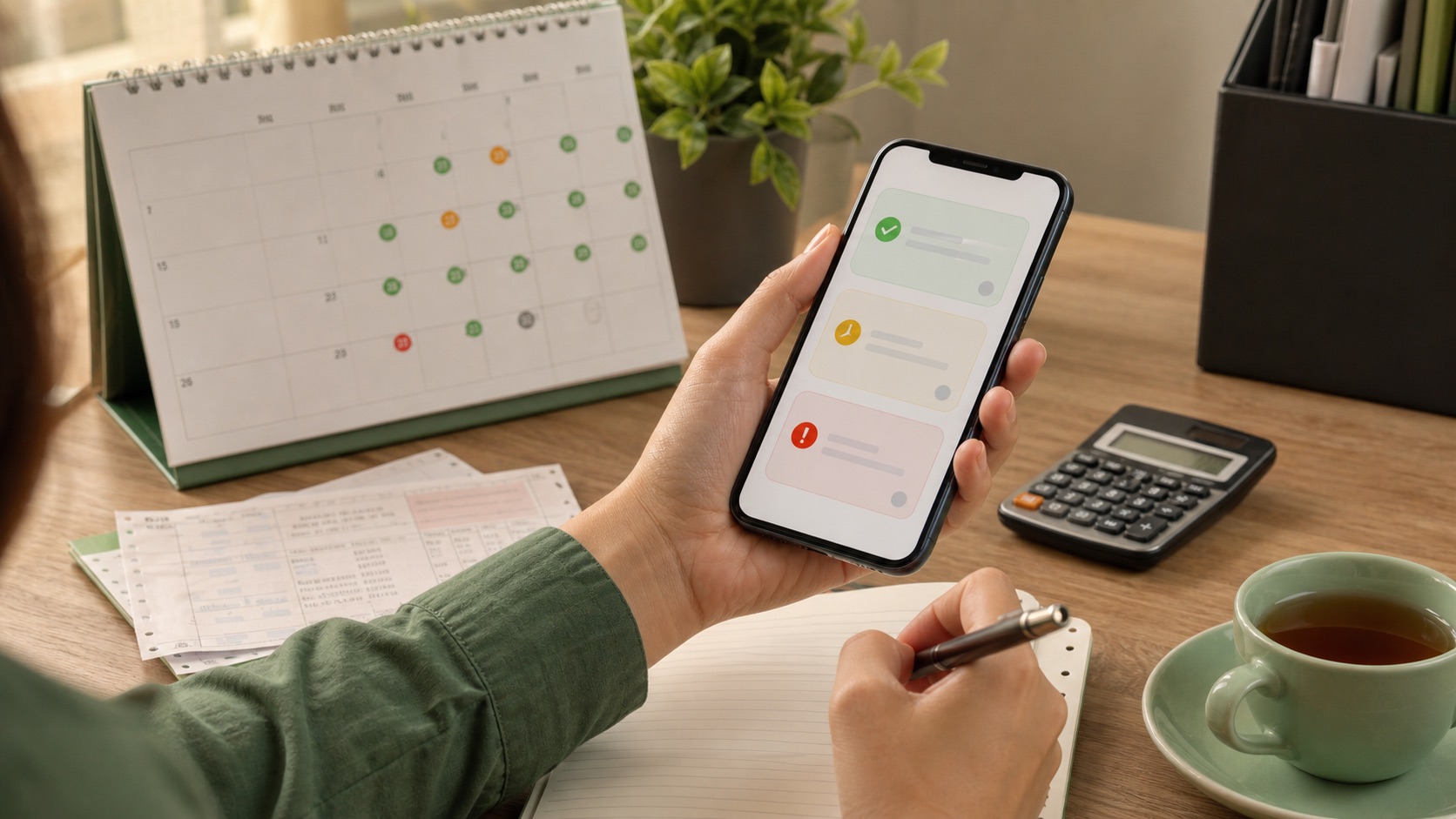 Ponsel, kalender, dan kalkulator untuk mengatur reminder pembayaran sewa kos