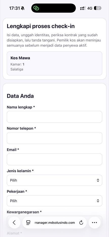 Screenshot of the Kos Manager self check-in form filled in by a prospective tenant with full name, phone number, email, and occupation