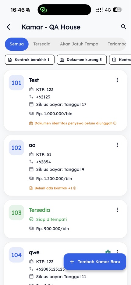 Kos Manager app screenshot showing the boarding house room list with tenant names, billing cycle, and rent price per room