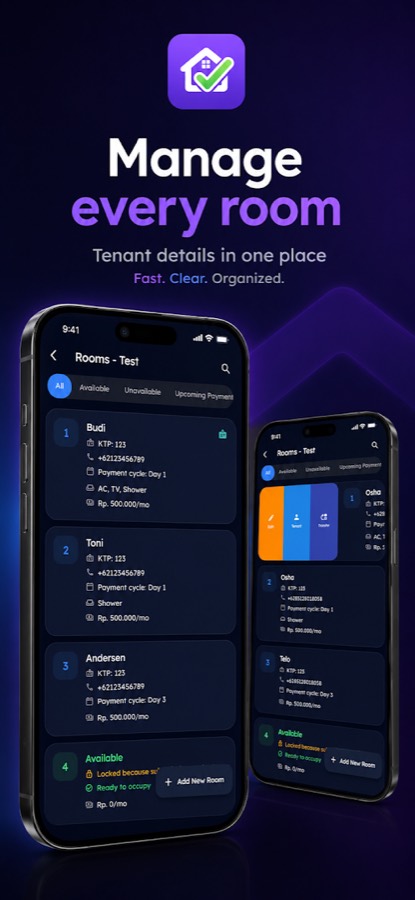 Tangkapan layar aplikasi Kos Manager yang menampilkan daftar kamar kos beserta data penyewa di setiap kamar