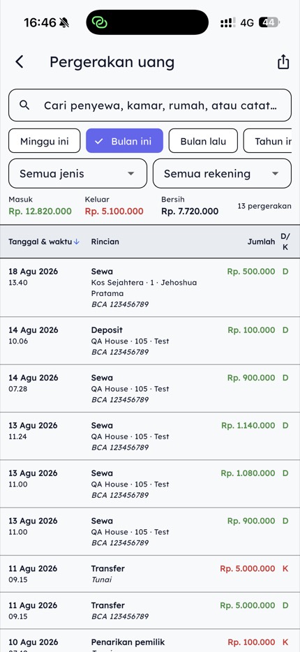 Screenshot of the Kos Manager money movement feature listing money in, money out, and the net balance per transaction