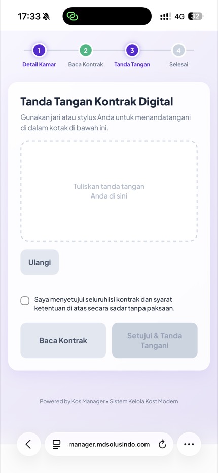 Screenshot of the Kos Manager digital contract signing page with a signature box and agreement to the contract terms